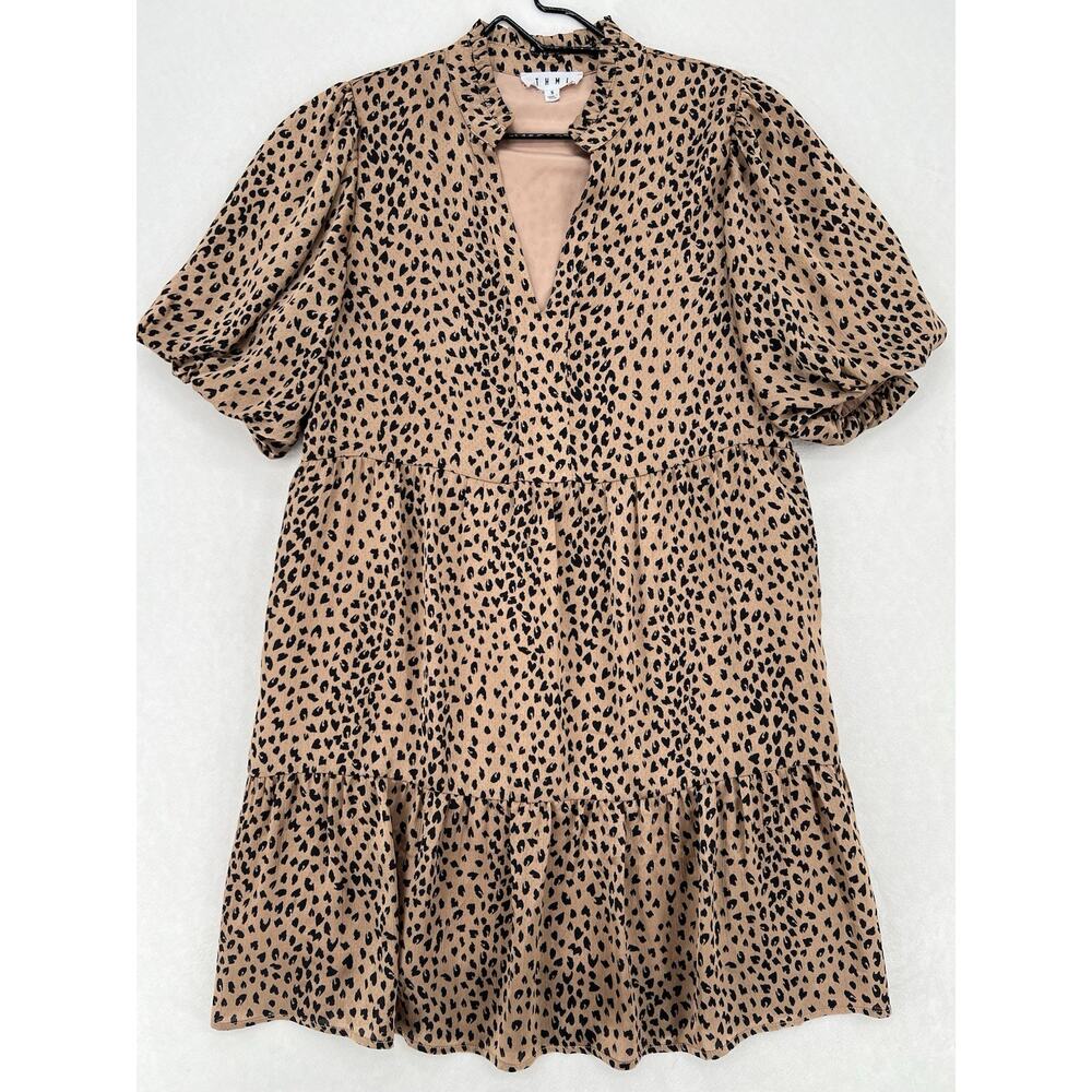 THML Animal Print Dress Small Puff Sleeve Tiered Ruffle Babydoll Leopard Dress